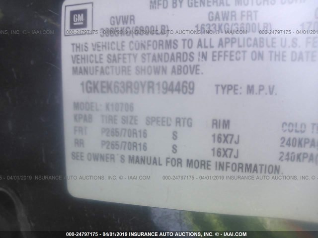 1GKEK63R9YR194469 - 2000 GMC DENALI BLUE photo 9