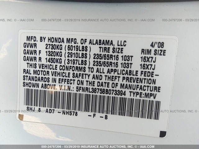 5FNRL38758B073394 - 2008 HONDA ODYSSEY EXL WHITE photo 9