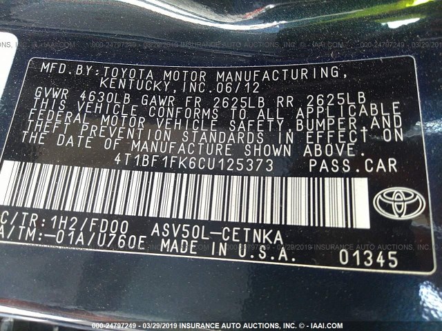 4T1BF1FK6CU125373 - 2012 TOYOTA CAMRY SE/LE/XLE BLACK photo 9