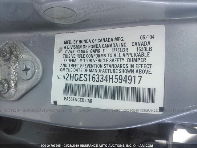 2HGES16334H594917 - 2004 HONDA CIVIC DX VP Gümüş foto 9