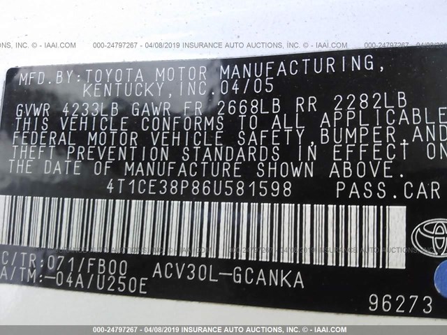 4T1CE38P86U581598 - 2006 TOYOTA CAMRY SOLARA SE/SLE WHITE photo 9