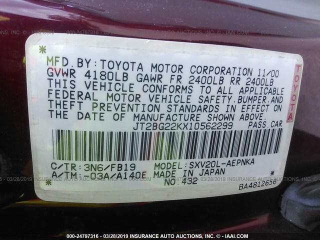 JT2BG22KX10562299 - 2001 TOYOTA CAMRY CE/LE/XLE RED photo 9