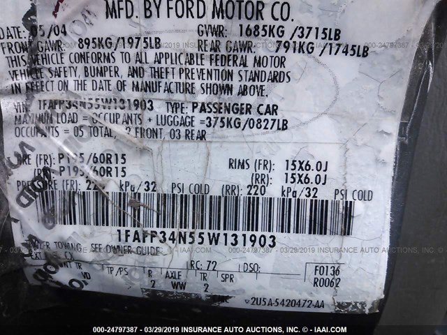 1FAFP34N55W131903 - 2005 FORD FOCUS ZX4 GRAY photo 9