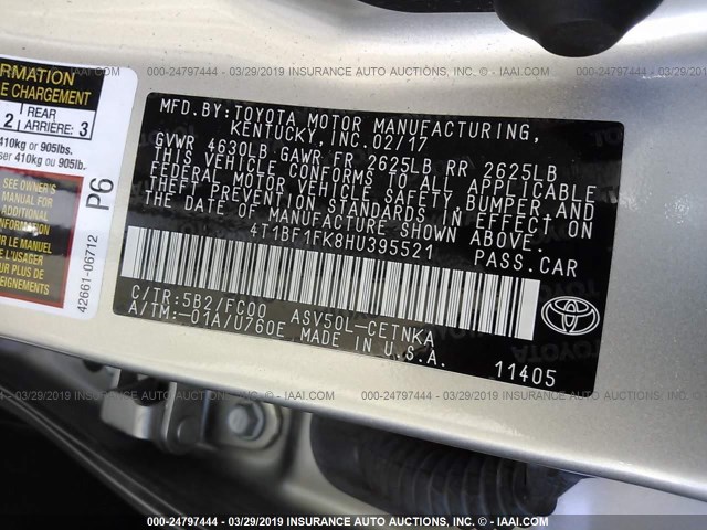 4T1BF1FK8HU395521 - 2017 TOYOTA CAMRY LE/XLE/SE/XSE GRAY photo 9