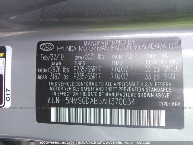 5NMSGDAB5AH370034 - 2010 HYUNDAI SANTA FE GLS GRAY photo 9