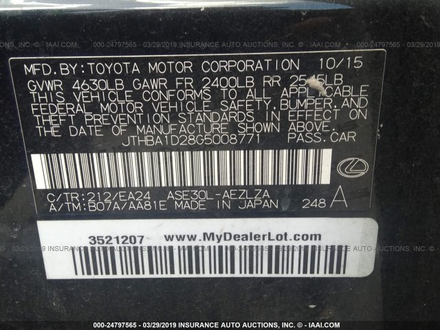 JTHBA1D28G5008771 - 2016 LEXUS IS 200T BLACK photo 9