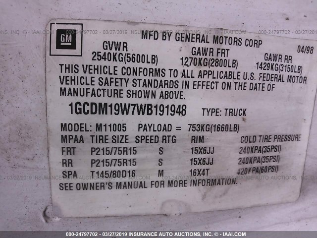 1GCDM19W7WB191948 - 1998 CHEVROLET ASTRO WHITE photo 9