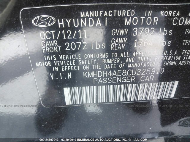 KMHDH4AE8CU325919 - 2012 HYUNDAI ELANTRA GLS/LIMITED BLACK photo 9