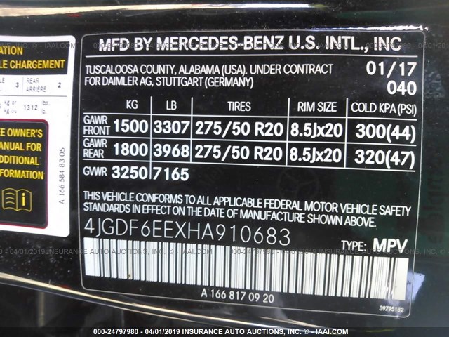 4JGDF6EEXHA910683 - 2017 MERCEDES-BENZ GLS 450 4MATIC BLACK photo 9