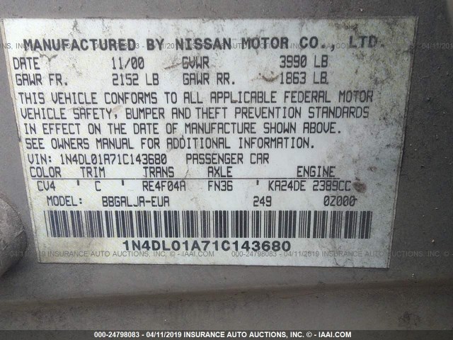 1N4DL01A71C143680 - 2001 NISSAN ALTIMA GXE/GLE/SE GOLD photo 9