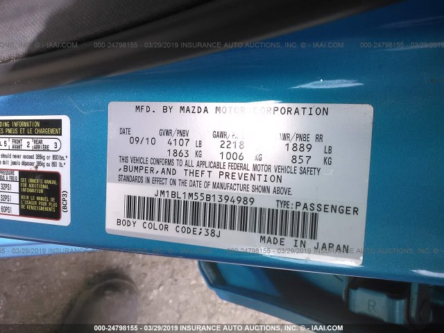 JM1BL1M55B1394989 - 2011 MAZDA 3 S BLUE photo 9