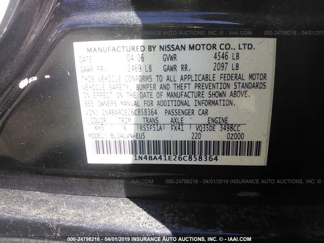 1N4BA41E26C858364 - 2006 NISSAN MAXIMA SE/SL BLACK photo 9