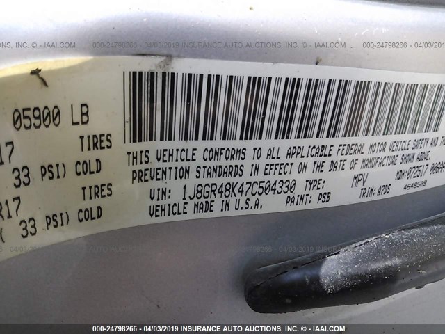 1J8GR48K47C504330 - 2007 JEEP GRAND CHEROKEE LAREDO/COLUMBIA/FREEDOM 银色 照片 9