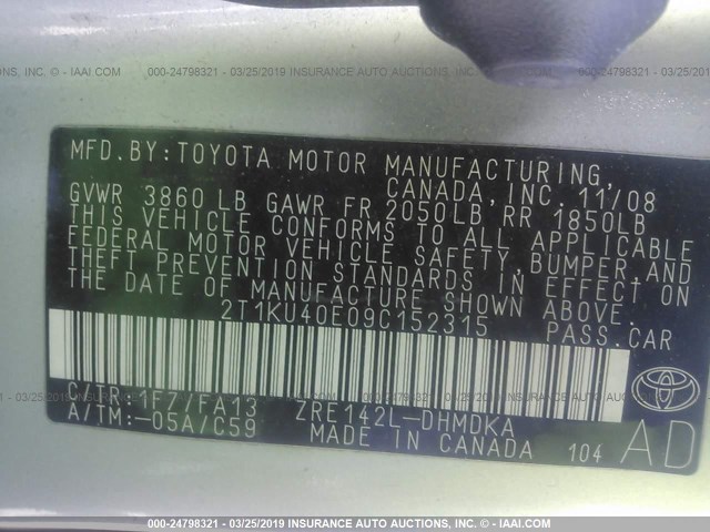 2T1KU40E09C152315 - 2009 TOYOTA COROLLA MATRIX  SILVER photo 9