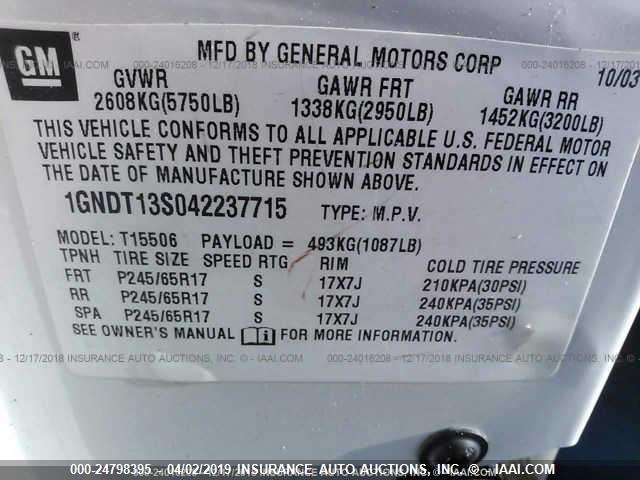 1GNDT13S042237715 - 2004 CHEVROLET TRAILBLAZER LS/LT WHITE photo 9