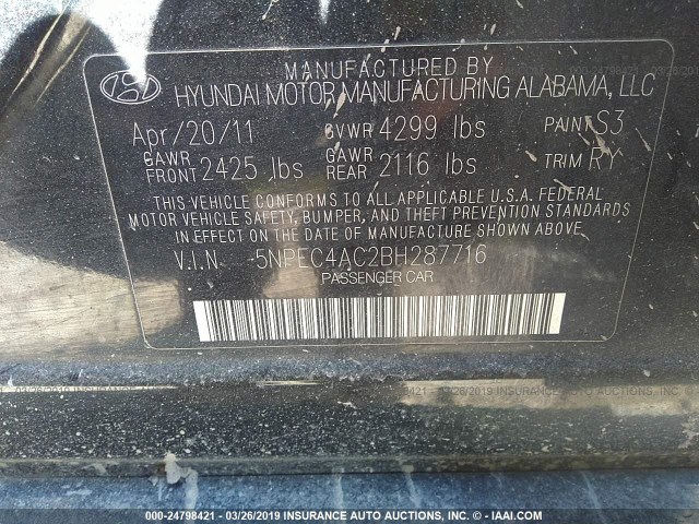 5NPEC4AC2BH287716 - 2011 HYUNDAI SONATA SE/LIMITED BLACK photo 9