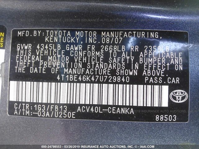 4T1BE46K47U729840 - 2007 TOYOTA CAMRY NEW GENERAT CE/LE/XLE/SE GRAY photo 9