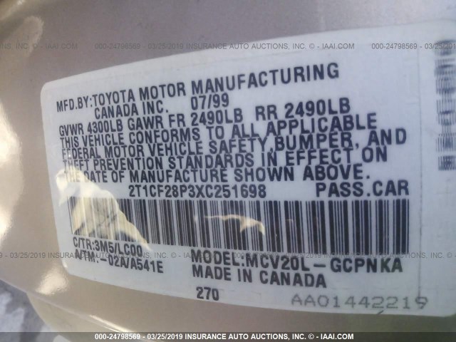 2T1CF28P3XC251698 - 1999 TOYOTA CAMRY SOLARA SE/SLE TAN photo 9