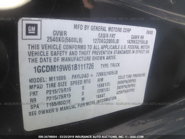 1GCDM19W51B111488 - 2001 CHEVROLET ASTRO BLACK photo 9