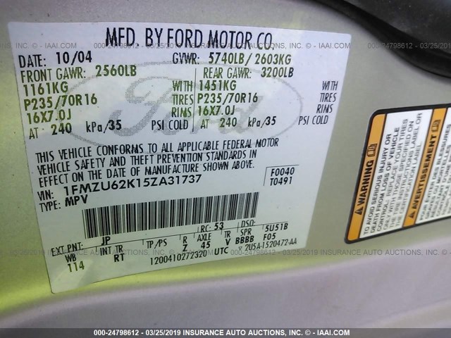 1FMZU62K15ZA31737 - 2005 FORD EXPLORER XLS/XLS SPORT SILVER photo 9