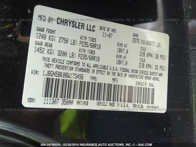 1J8GN58K08W173456 - 2008 JEEP LIBERTY LIMITED BLACK photo 9