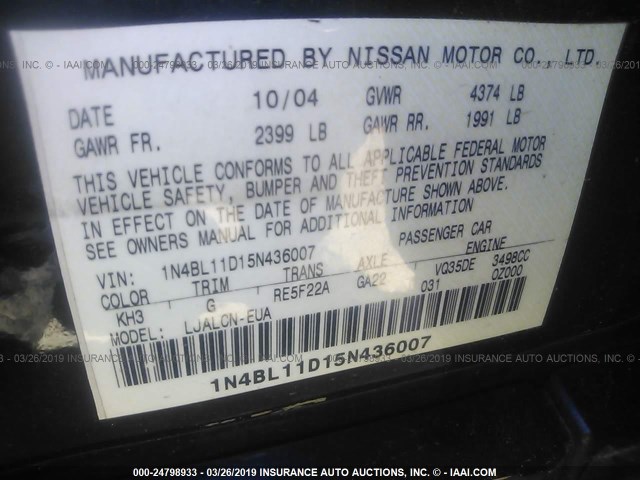 1N4BL11D15N436007 - 2005 NISSAN ALTIMA SE/SL/SE-R BLACK photo 9