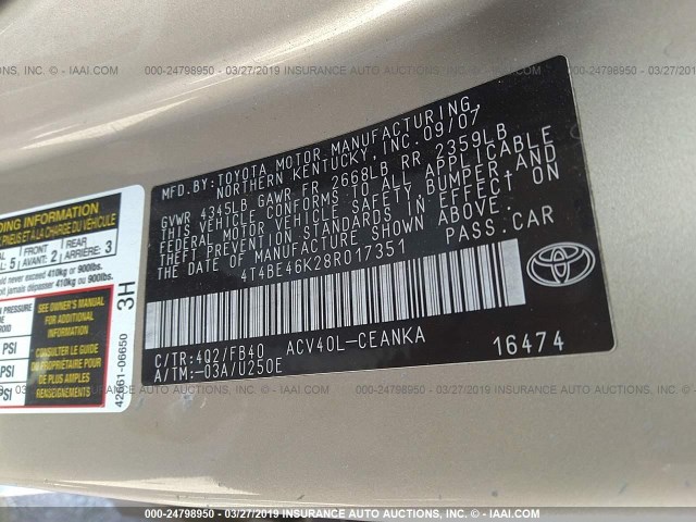 4T4BE46K28R017351 - 2008 TOYOTA CAMRY CE/LE/XLE/SE Champagne photo 9