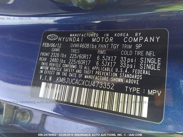 KM8JUCACXCU473352 - 2012 HYUNDAI TUCSON GLS/LIMITED 蓝色 照片 9