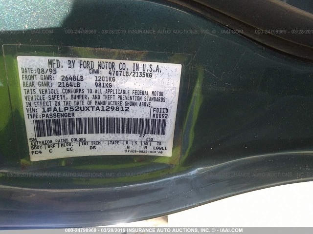 1FALP52UXTA129812 - 1996 FORD TAURUS GL GREEN photo 9