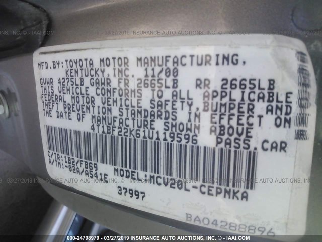 4T1BF22K61U119596 - 2001 TOYOTA CAMRY LE/XLE 银色 照片 9