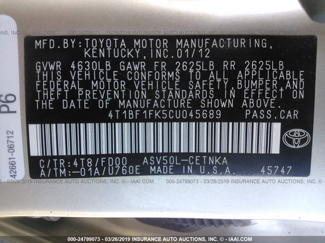 4T1BF1FK5CU045689 - 2012 TOYOTA CAMRY SE/LE/XLE 金色 照片 9