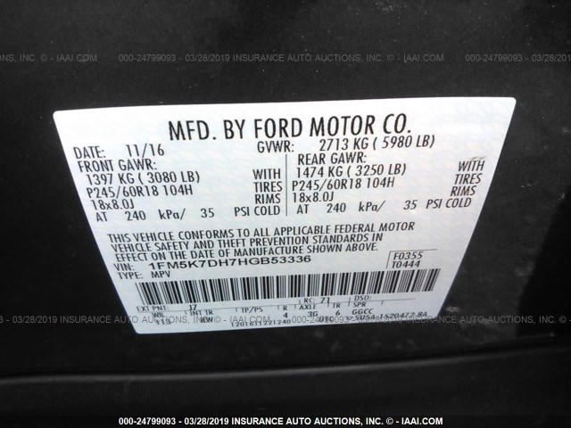 1FM5K7DH7HGB53336 - 2017 FORD EXPLORER XLT GRAY photo 9