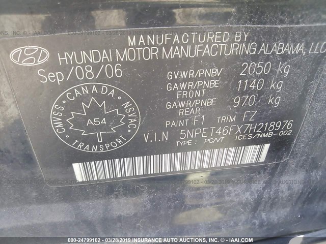 5NPET46FX7H218976 - 2007 HYUNDAI SONATA GL BLACK photo 9