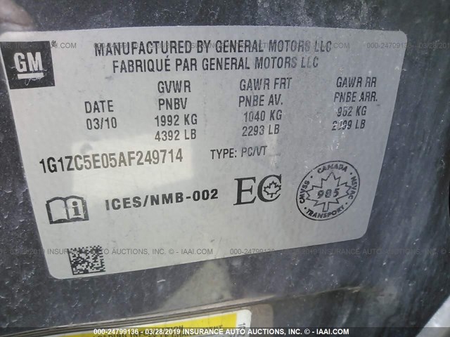 1G1ZC5E05AF249714 - 2010 CHEVROLET MALIBU 1LT ნაცრისფერი ფოტო 9