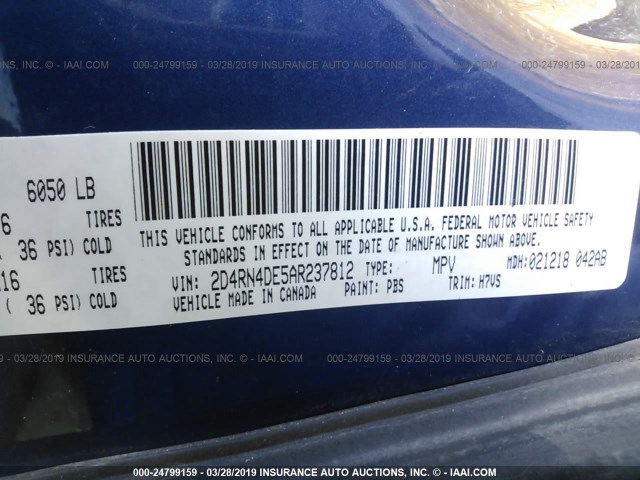 2D4RN4DE5AR237812 - 2010 DODGE GRAND CARAVAN SE BLUE photo 9