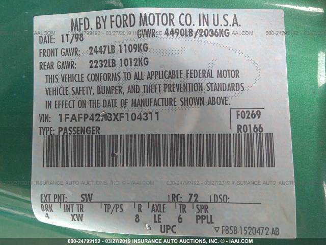 1FAFP42X3XF104311 - 1999 FORD MUSTANG GT GREEN photo 9