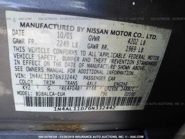 1N4AL11D76N332442 - 2006 NISSAN ALTIMA S/SL GOLD photo 9