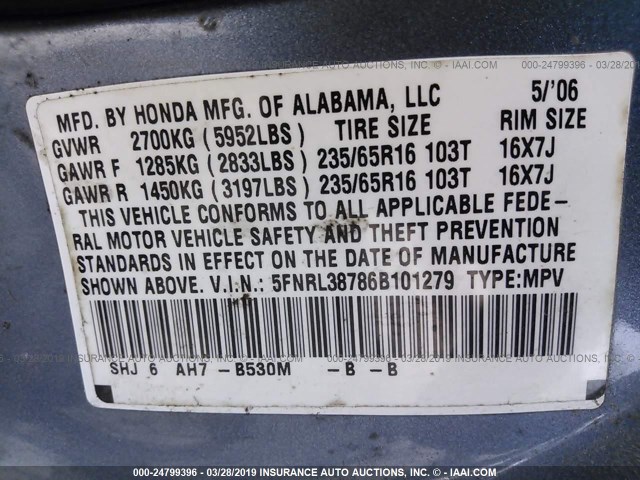 5FNRL38786B101279 - 2006 HONDA ODYSSEY EXL BLUE photo 9