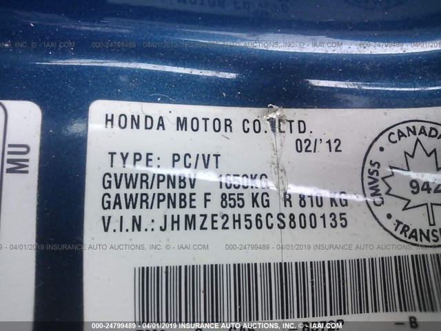 JHMZE2H56CS800135 - 2012 HONDA INSIGHT LX BLUE photo 9