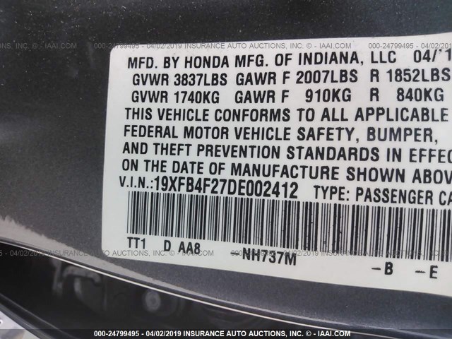 19XFB4F27DE002412 - 2013 HONDA CIVIC HYBRID GRAY photo 9