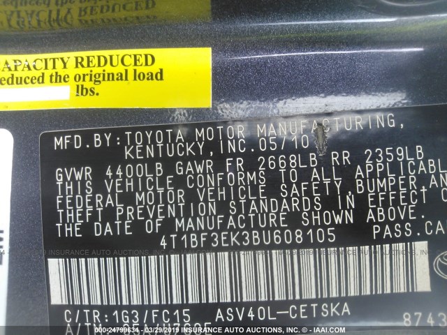 4T1BF3EK3BU608105 - 2011 TOYOTA CAMRY SE/LE/XLE GRAY photo 9