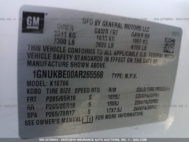 1GNUKBE00AR265568 - 2010 CHEVROLET TAHOE K1500 LT WHITE photo 9