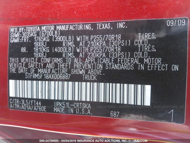 5TFRM5F18AX006887 - 2010 TOYOTA TUNDRA DOUBLE CAB SR5 RED photo 9