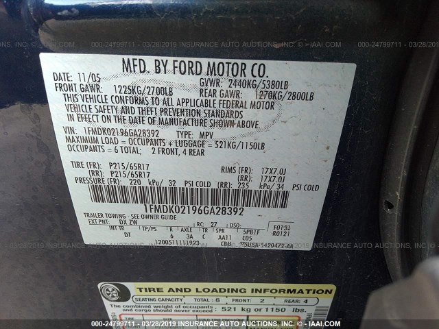 1FMDK02196GA28392 - 2006 FORD FREESTYLE SEL BLUE photo 9