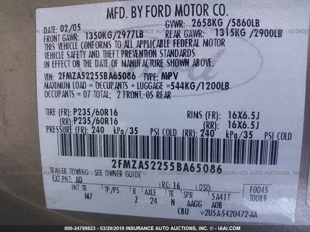 2FMZA52255BA65086 - 2005 FORD FREESTAR SEL GOLD photo 9