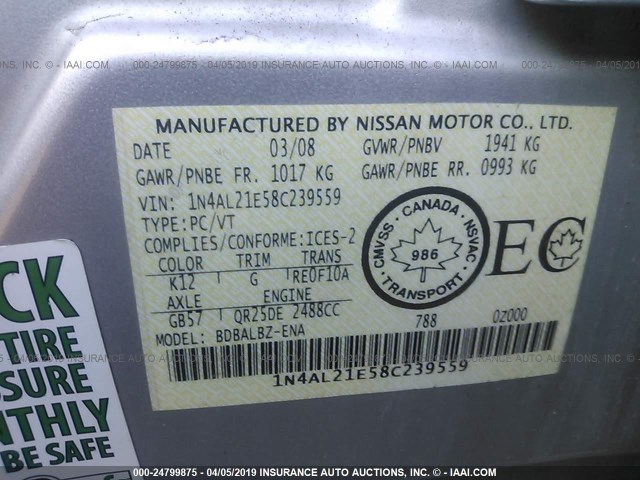 1N4AL21E58C239559 - 2008 NISSAN ALTIMA 2.5/2.5S SILVER photo 9