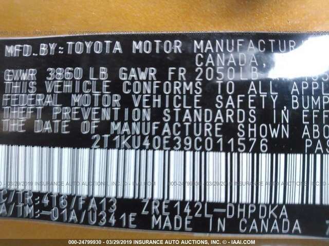 2T1KU40E39C011576 - 2009 TOYOTA COROLLA MATRIX  GOLD photo 9