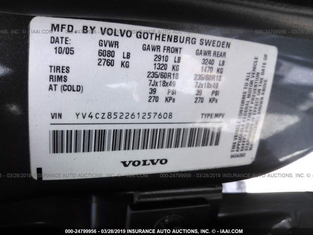 YV4CZ852261257608 - 2006 VOLVO XC90 V8 GRAY photo 9