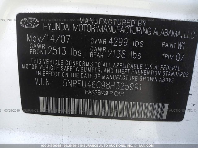 5NPEU46C98H325991 - 2008 HYUNDAI SONATA SE/LIMITED WHITE photo 9