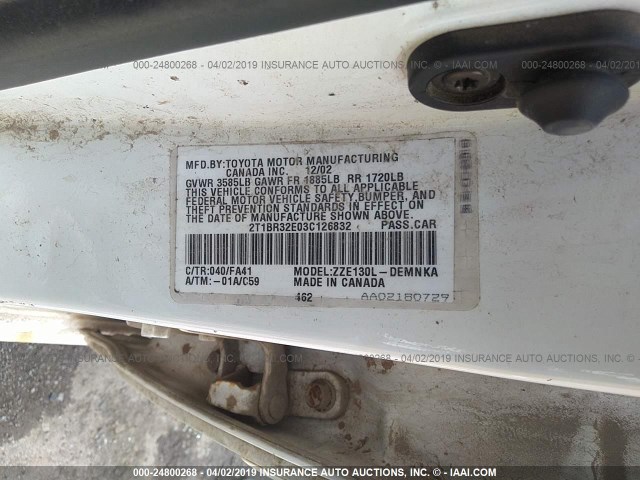 2T1BR32E03C126832 - 2003 TOYOTA COROLLA CE/LE/S WHITE photo 9